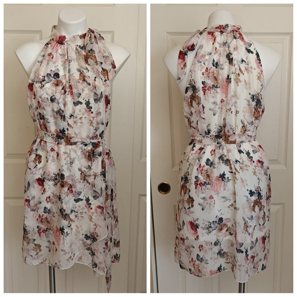 Belted halter tie neck floral mini sleeveless dress sz S